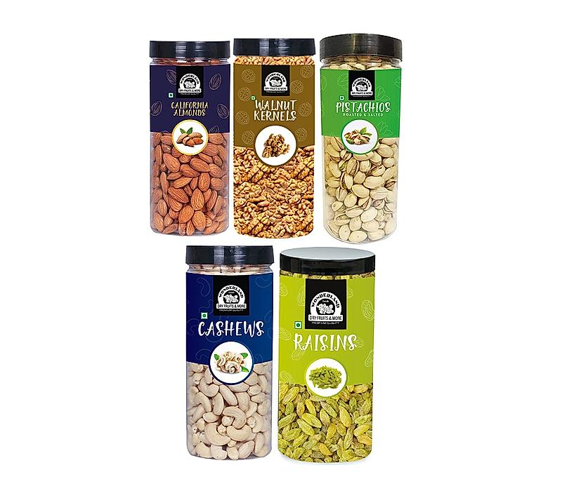 Wonderland Foods Dry Fruits Combo Almond 500g, Cashew 500g, Pista 500g, Raisin 500g, Walnut Kernel 350g - 2350g (Jar)