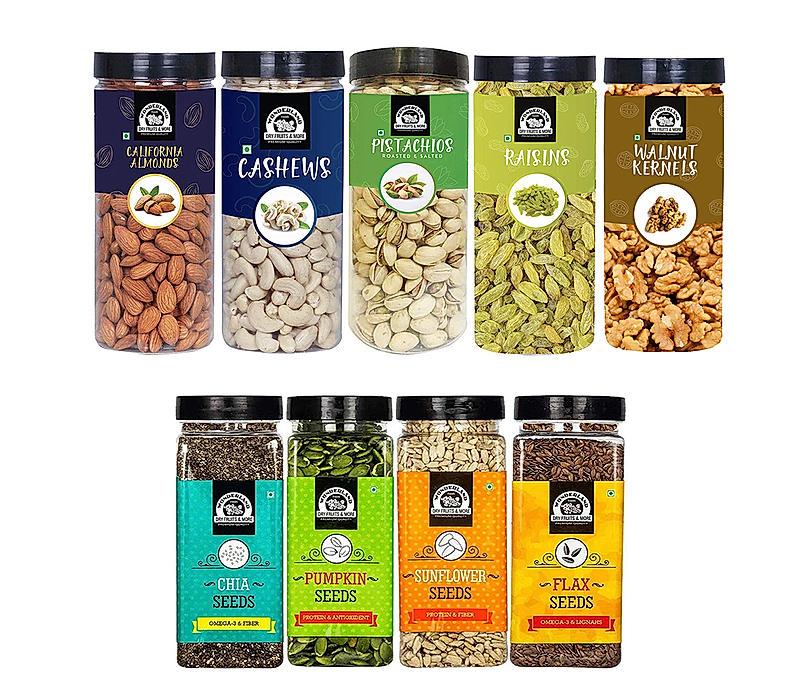 Wonderland Foods Healthy Immunity Dryfruits Combo Almond 500g, Cashew 500g, Pista 500g, Raisin 500g, Walnuts Kernel 350g, Chia 200g, Pumpkin 200g, Sunflower 200g & Flax Seeds 200g -(3150g-Jar)