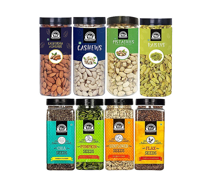 Wonderland Foods Healthy Immunity Dryfruits Combo Almond 500g, Cashew 500g, Pista 500g, Raisin 500g, Chia 200g, Pumpkin 200g, Sunflower 200g and Flax Seeds 200g - (2800g - Jar)