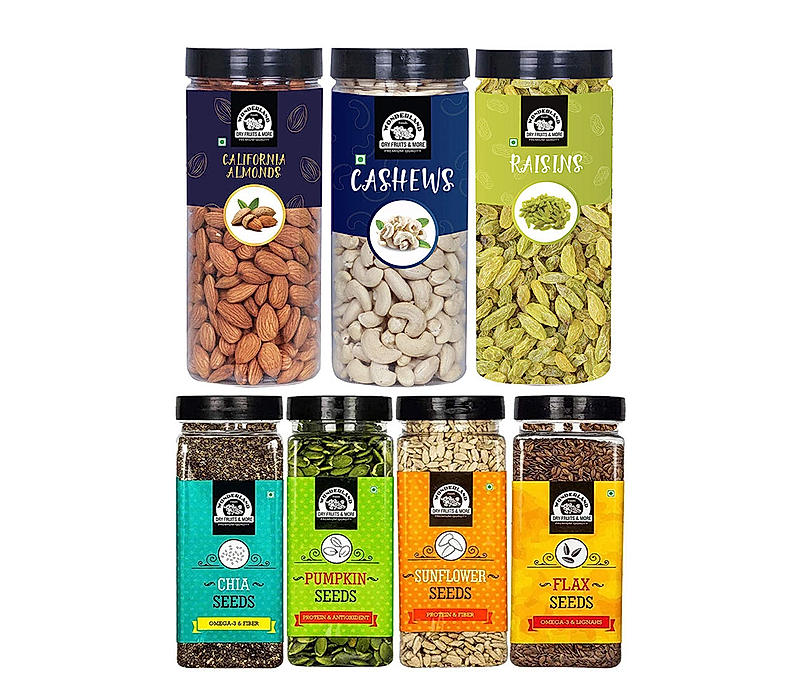 Wonderland Foods Healthy Immunity Dryfruits Combo Almond 500g, Cashew 500g, Raisin 500g, Chia 200g, Pumpkin 200g, Sunflower 200g and Flax Seeds 200g - (2300g - Jar)