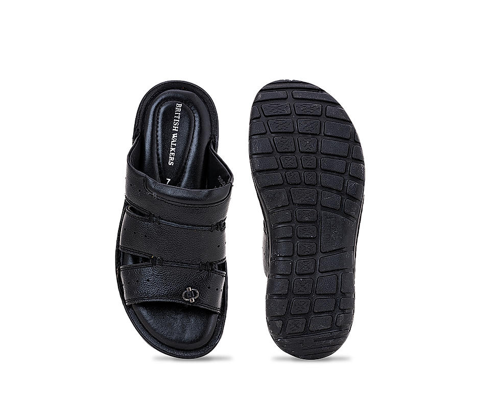 British Walkers Black Leather Slip On Sandal for Men