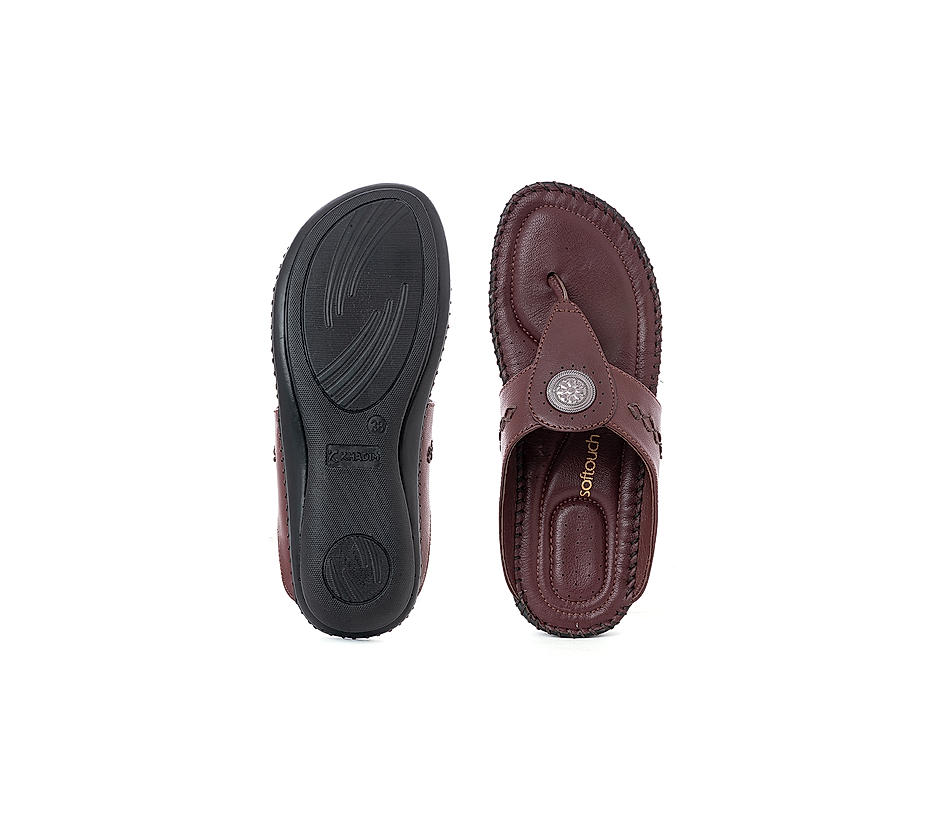 Softouch Maroon Leather Flat Slip On Sandal for Women