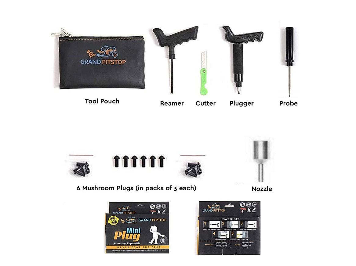 Grand Pitstop Tubeless Tire Puncture Repair Kit for Motorcycle and Cars  with 15 Mushroom Plugs at Rs 1039/piece, Tubeless Tyre Puncture Kit in New  Delhi