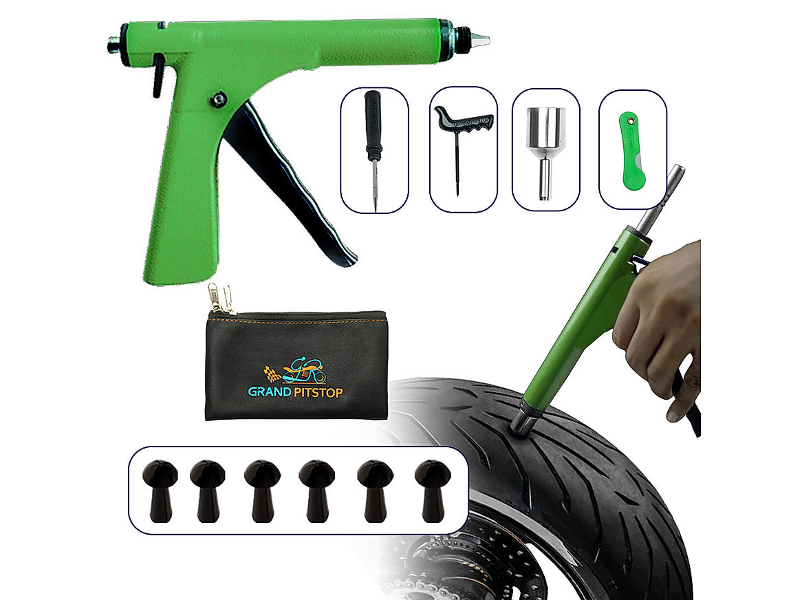 Grand Pitstop Tubeless Tire Puncture Repair Gun Kit for Motorcycle and Cars  with 15 Mushroom Plugs 