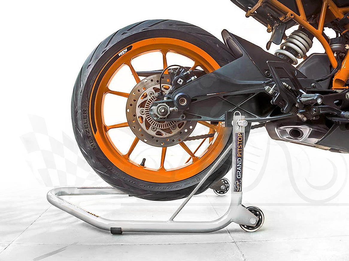 Non-Dismantable Universal Rear Paddock Stand with Skate Wheels - Silver - (Bike Wt upto: 350 kgs)