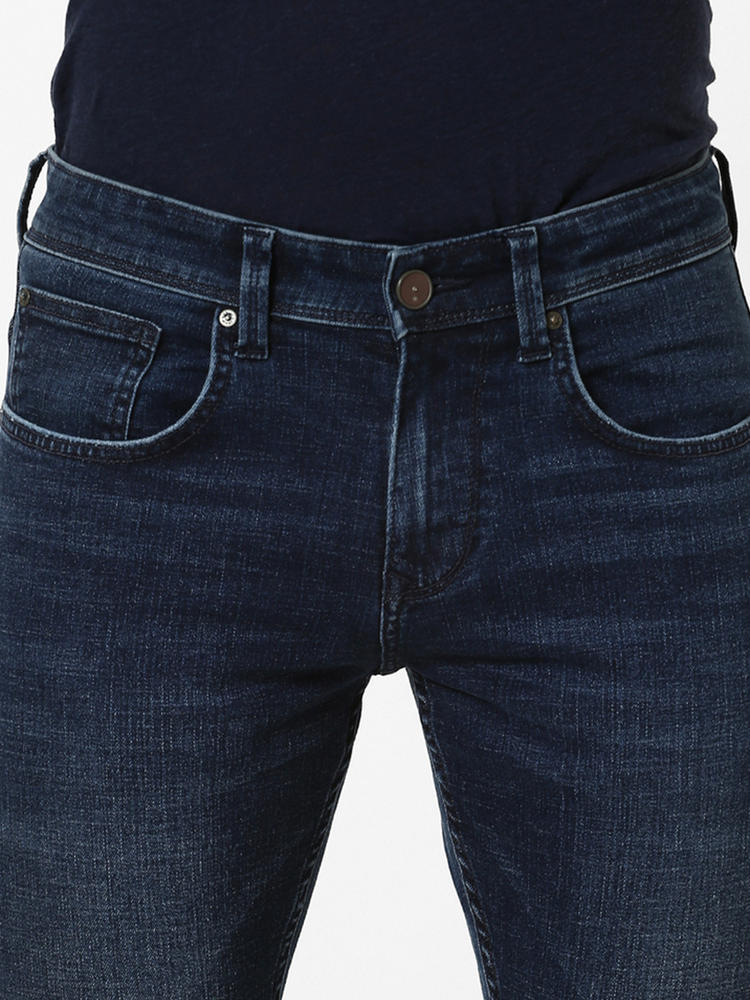 dark blue tapered jeans