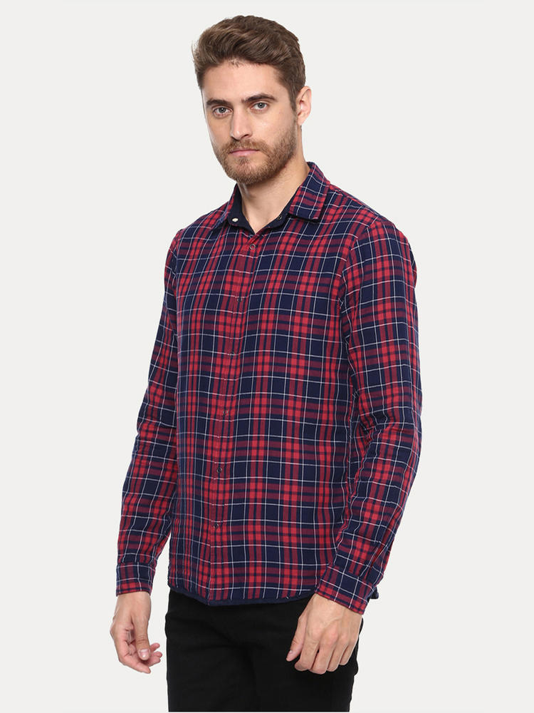 red and navy check shirt