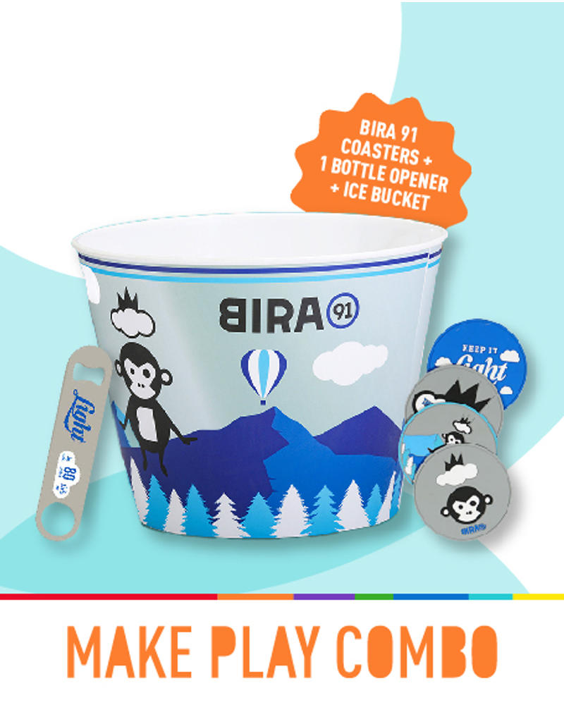Bira 91 Light Pack of 4 Coasters & 1 Bottle Opener & Light Mascot Party Ice Bucket