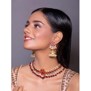 Gold Ethnic Traditional Wedding Maroon and Fuchsia Stone Studded Jewellery Set For Women(1 Necklace+1 Pair Earrings)