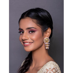  Ethnic Indian Traditional Kundan & Pink Beads Embellished Drop Earrings For Women.