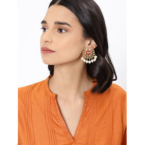 Gold-Toned and Red Circular Drop Earrings