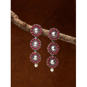 Ethnic Indian Traditional Silver Stone Embellished Flower Drop Earrings For Women