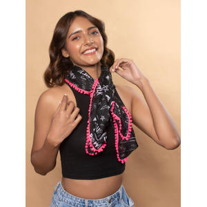 Toniq Trendy Black and White Monochrome Printed With Pink Tasseled Square Scarf/Stole For Women