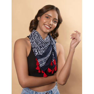 Toniq Navy Bandana Paisley Printed With Contrast Tasseled Square Scarf For Women