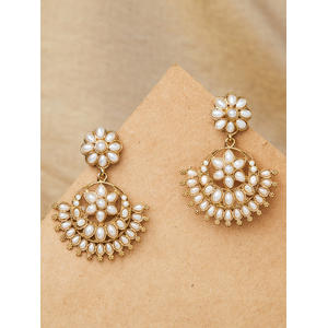 Ethnic Indian Traditional Classic Gold Pearl Embellished Chandbali Drop Earrings For Women