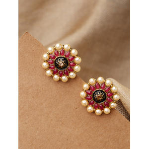Ethnic Indian Traditional Temple Gold Pearl Pink Stone Embellished Stud Earring For Women