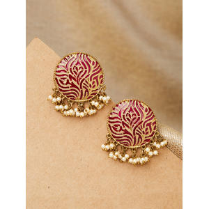 Ethnic Indian Traditional Gold,Pink Pearl Embellished Stud Earrings For Women.