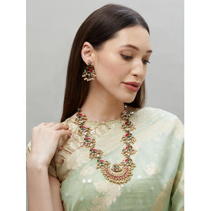 Elegant Peacock Gold,Green and Fuschia Enamel Jewellery Set For Women-1 Necklace,1 Pair Earring