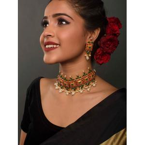  Ethnic Indian Traditional Greenand Fuchsia Stone Embellished Temple Choker Necklace and Earring Set For Women