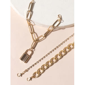 Toniq Set Of 3 Linked Stone Charm Chunky Padlock Bracelet Stacks Set For Women