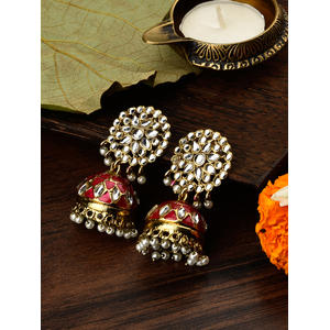 Fida Ethnic Traditional Wedding Gold Maroon Meenakari Kundan Jhumka Earrings For Women