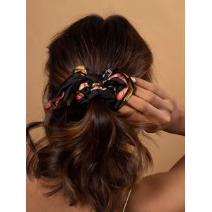 Toniq Bring Me Flowers Black Satin Floral Printed Bow Scrunchie Rubberband For Women