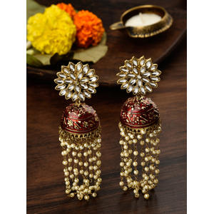 Women Gold-Toned and Red Dome Shaped Jhumkas