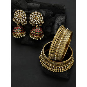 Maroon Green Kundan Beads Gold Plated Jhumka Earring & Bangles Combo Set of 2