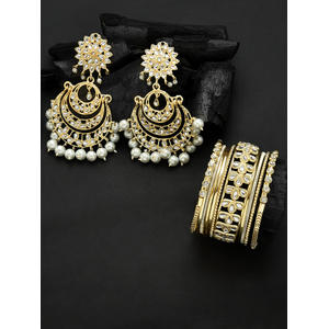 Fida Ethnic Traditional gold colour kundan studded bangles and pearl drop chandbali earrings combo set