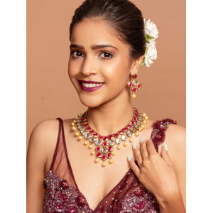  Mumtaz Gold Wedding Ethnic Traditional Fuchsia Stone Embellished Jewellery Set For Women(1 Necklace+1 Pari Earrings)