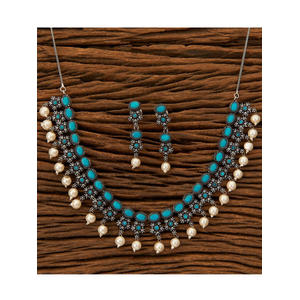 Silver-Toned and Turquoise Blue Floral Designed Oxidised Jewellery Set