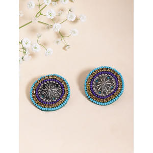 Silver-Toned and Blue Beaded Circular Oversized Studs