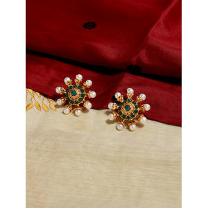 Fida Ethnic Traditional Gold Plated  Green Stoned Studded Pearl Temple Stud Earrings For Women