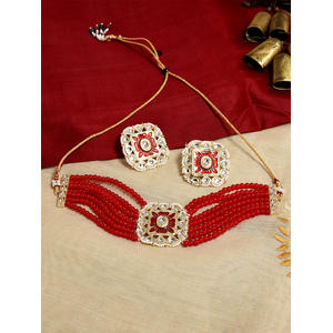 Fida Ethnic Traditional Gold Plated Red Beaded Layered Choker Necklace & Earrings Jewellery Set