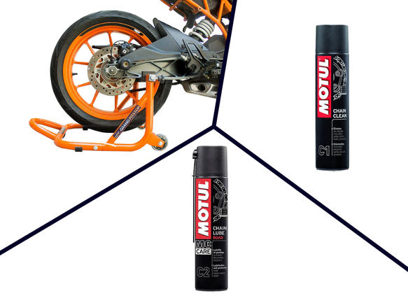 Free Motul Combo of Chain Clean C1 with Chain Lube C2 (400ml) and GrandPitstop Rear Paddock Stand - Black/Orange Color