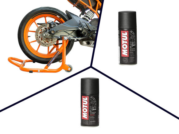 Free Motul Combo of Chain Clean C1 with Chain Lube C2 (150ml) and GrandPitstop Rear Paddock Stand - Black/Orange Color