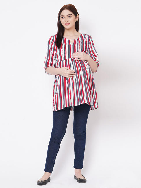 Cute Red, Grey Rayon Maternity Top