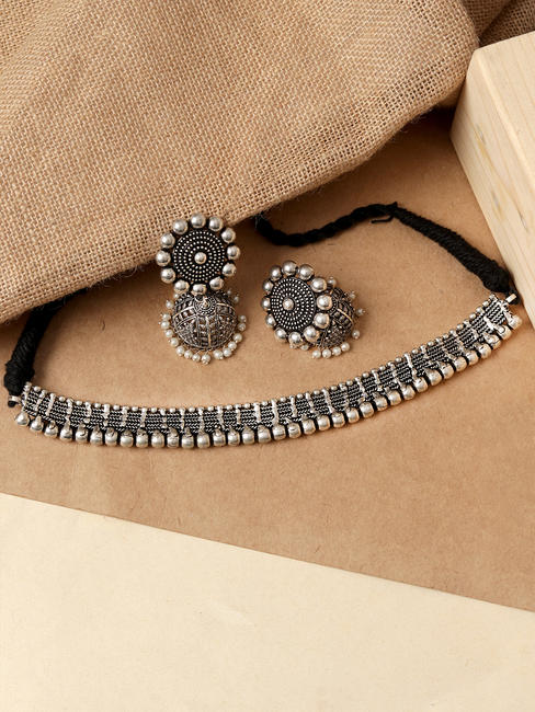 Fida Ethnic Traditional Oxidised Silver Choker Necklace & Earrings Jewellery Gift Set For Women