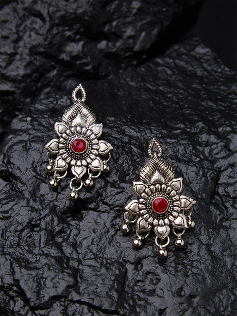 Ethnic Indian Traditional Silver Engraved Drop Earrings For Women