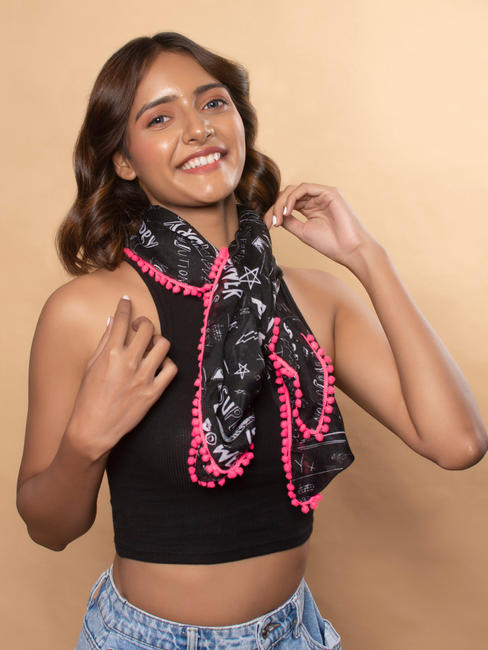 Toniq Trendy Black and White Monochrome Printed With Pink Tasseled Square Scarf/Stole For Women