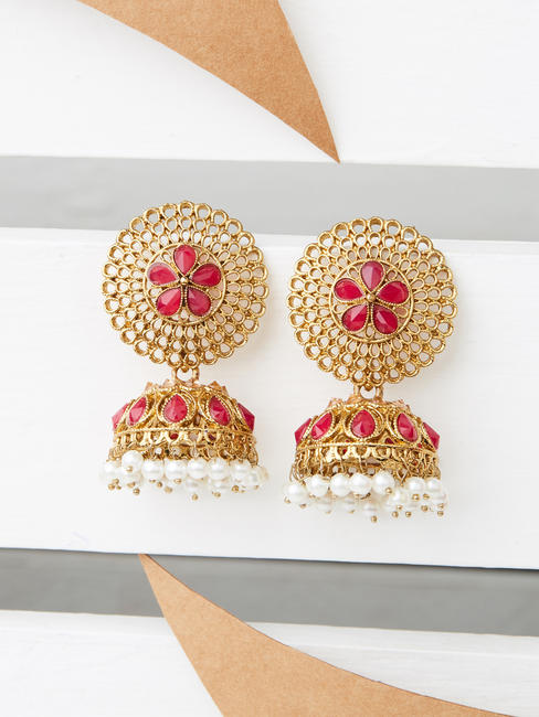 Ethnic Indian Traditional Stone Embellished Gold Jhumka For Women