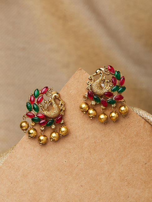 Ethnic South Indian Traditional Temple Gold Peacock Stone Embellished Stud Earrings For Women