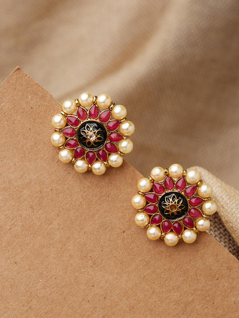 Ethnic Indian Traditional Temple Gold Pearl Pink Stone Embellished Stud Earring For Women