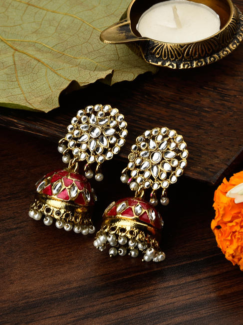 Fida Ethnic Traditional Wedding Gold Maroon Meenakari Kundan Jhumka Earrings For Women