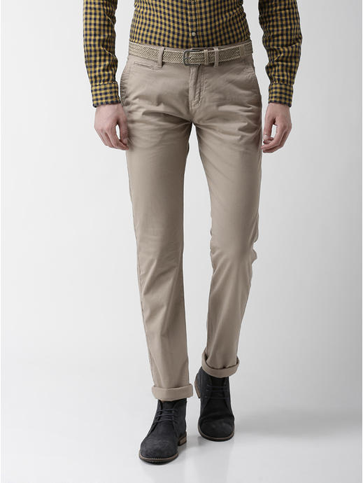 Straight Fit Cotton Blend Beige Trouser