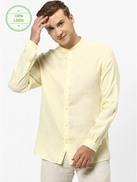 100% Linen Mao Collar Yellow Shirt