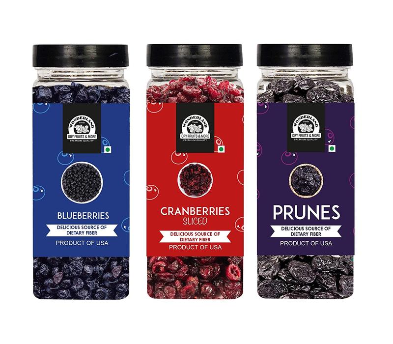 WONDERLAND FOODS  Dried Fruits Berries Set Combo Pack (Blueberry 250 g + Sliced Cranberry 200 g + Prunes 250 g) Low-Sugar in Jar