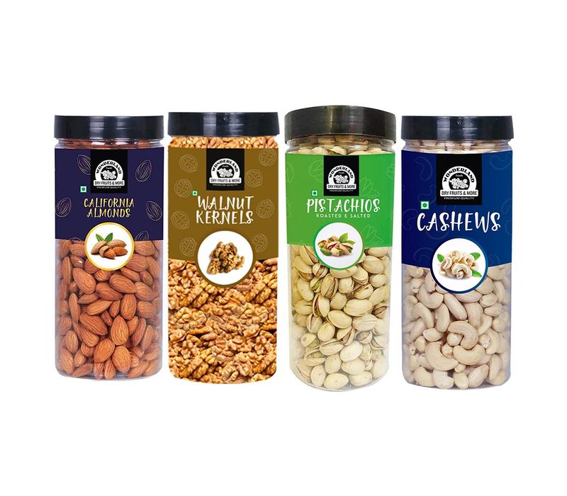 Wonderland Foods Dry Fruits Almond 500g, Cashew 500g, Pista 500g & Walnut Kernel 350g - 1850g (Jar)