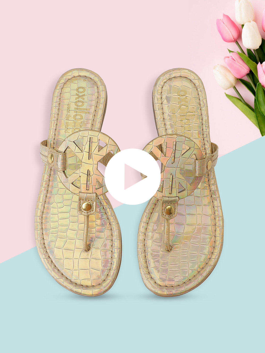 Textured Golden T-Shape Open Back Flat Sandals